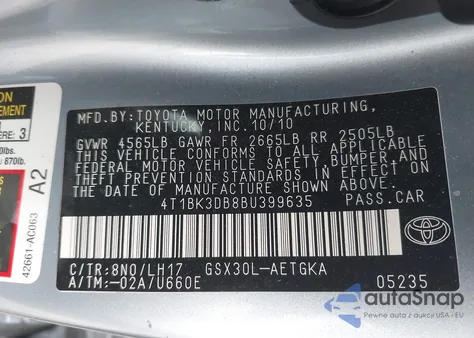 2011 Toyota Avalon from USA, damaged, VIN 4T1BK3DB8BU399635